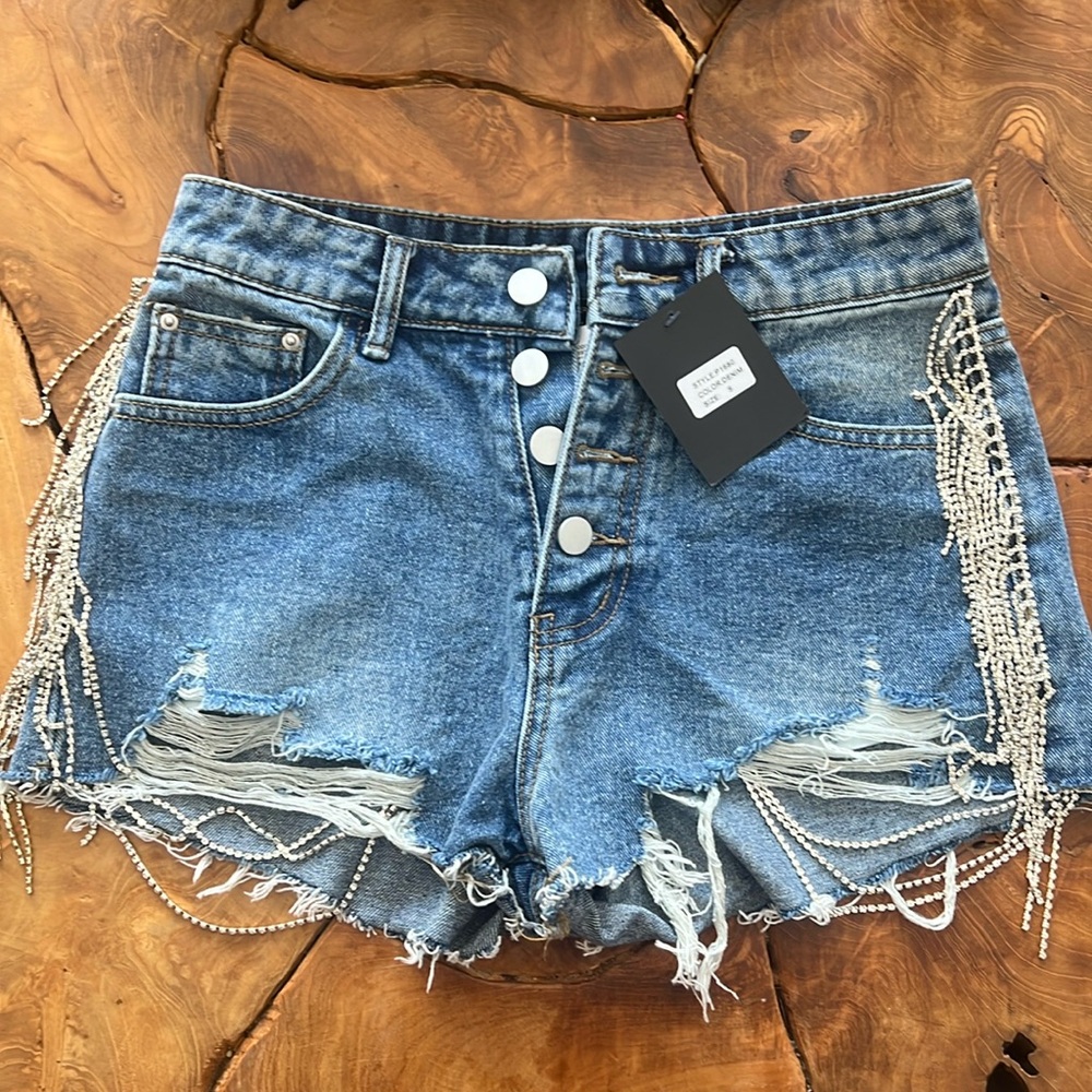 Denim sequin fringe shorts